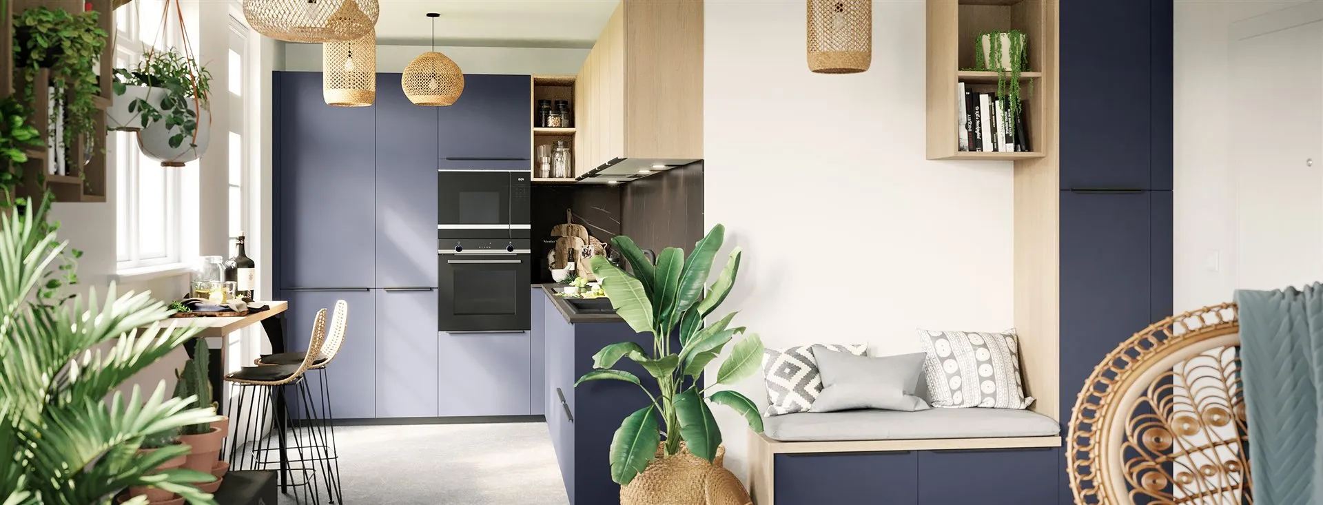 Cuisine bleu marine avec colonnes électroménager et banc bois — modèle Oasis Urbaine